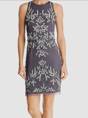 Adrianna Papell Charcoal Sheath Dress with White Floral Embroidery